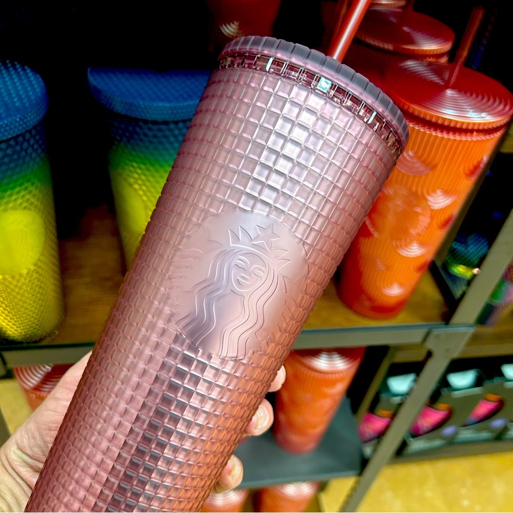 Starbucks Pink Ruby Grid Aurora Iridescent Soft Touch Cup Tumbler 24oz New 2023